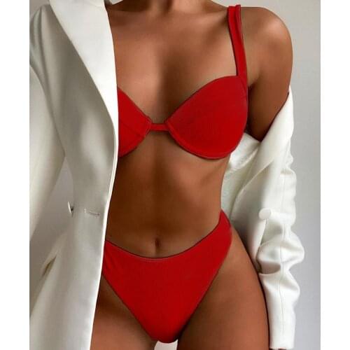 Push Up Solid Color Underwire Ribbing Bra High Waist Briefs Bikini Set Bathing Suit Beachwear for Swimming Pool