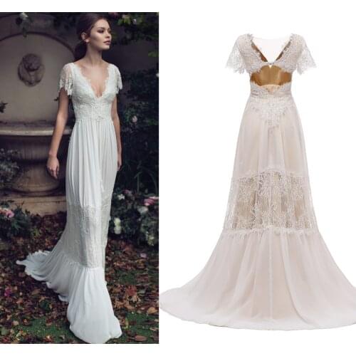 Backless Boho Short Sleeve Lace Bride Gowns Beaded V Neck Champagne A Line Elegant Pleated Hollow Chiffon Wedding Dress 1295