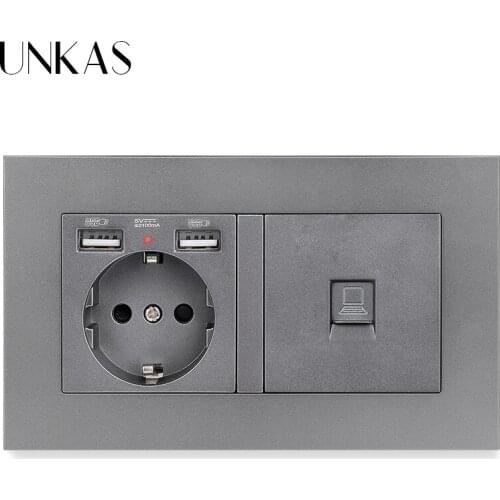 UNKAS PC Plastic Panel EU Standard Wall Socket 2 USB Charge Port Hidden Soft LED + 2 Gang CAT5E RJ45 Internet Jack 146mm * 86mm