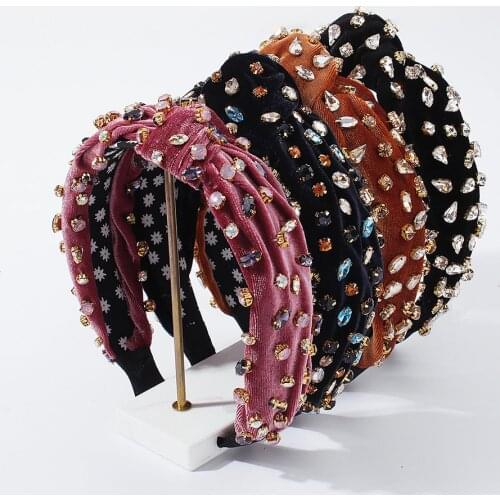 Velvet Rhinestone Hairband Solid Color Knotted Cross Headband Turban Women Vintage Luxury Wedding Hair Accessories Lady Headwear