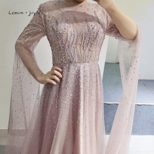 Mauve Pink Luxury Muslim Evening Dresses 2021 Long Sleeves O-Neck A-line Illusion Beading Formal Evening Gowns