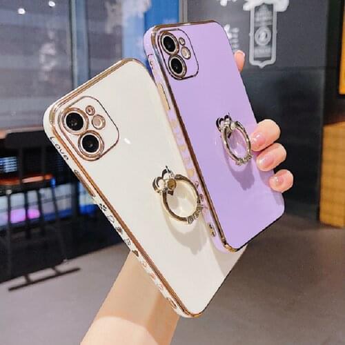 Plating Silicone Ring Stand Phone Case For iPhone 12 11 Pro Max X XR Mini 7 8 Plus SE2 Candy Color Heart Bumper Shockproof Cover