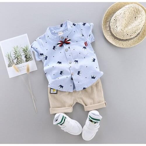 TELOTUNY kids clothes Toddler Kids Baby Boys Short Sleeve Bow Crown Gentleman Cartoon Print Shirt Tops+Shorts Outfits Set 2PCS