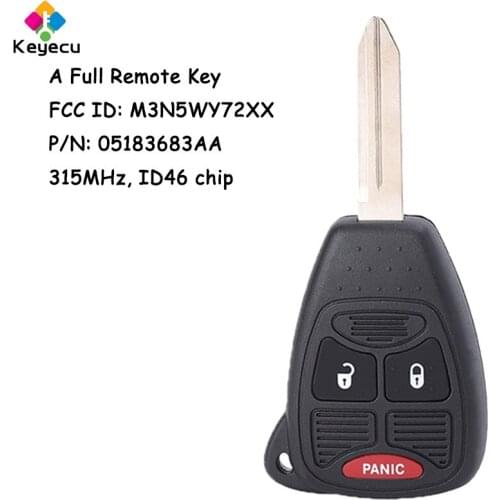 KEYECU Replacement Remote Control Car Key With 3 Button& 315MHz & ID46 Chip - FOB for Dodge/ Chrysler Town & Country, M3N5WY72XX