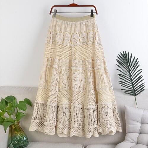 High-Waisted Thin A-Line Large Swing Elastic Waist Wool Crocheted Hollow Air Long Skirt Autumn Winter Women 295