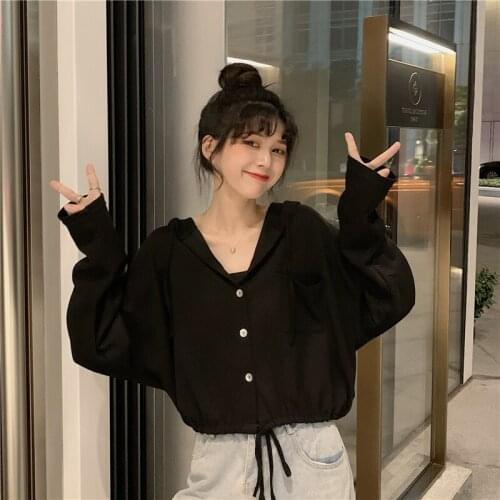 Women Newly Cotton Sports Hoodie Sweater Long Sleeve Drawstring Nipped Waists Thin Short Chic Home Outerwear