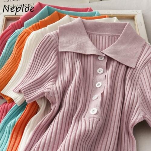Neploe Solid Candy Color Knitted T Shirt Women Turn Down Collar Short Sleeve Buttons Tee T-Shirt Femme Camiseta Feminina 1E877