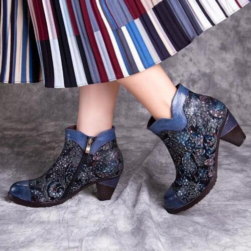 Johnature Genuine Leather Embossing Platform Boots Women Shoes 2020 New Autumn Winter Zip Round Toe Mixed Colors Ankle Boots