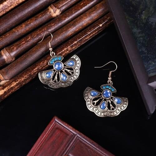 Womens Vintage Blue Stone Sector Alloy Dangle Earrings Ethnic Carved Bollywood Oxidized Carved Earrings