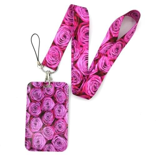 Red Pink Rose Women Fashion Lanyard ID Badge Holder Bus Pass Case Cover Slip Bank Credit Card Holder Strap Card Holder