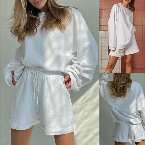 Women Solid Color O Neck Long Sleeve Blouse Top Shorts Loose Two Pieces Outfits summer tracksuits womens two peices set