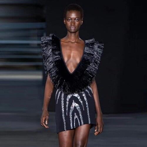 2019 Women Elegant Black Tassel Dress Sexy Summer V Neck Bodycon Short Sleeve Beads Fashion Mini Club Runway Party Good Quality