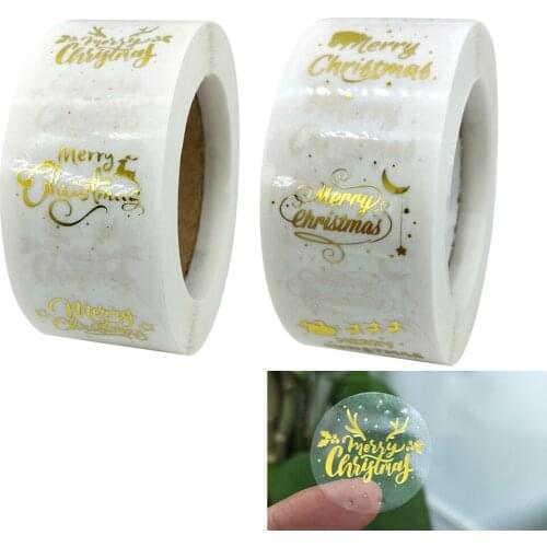 500pcs Gold Merry Christmas Stickers 2.5cm Transparent Label Xmas Party Gift Packaging Bag Sealing Decoration Stationery Sticker