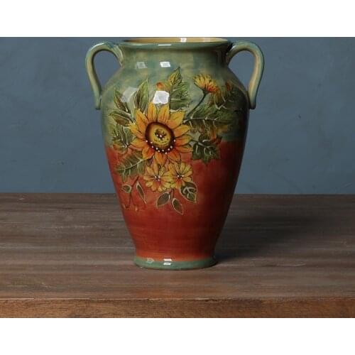 Zq American Painted Sunflower Ceramic Dried Flower Arrangement Decoration Living Room Art Vase Flower Arrangement Decoration