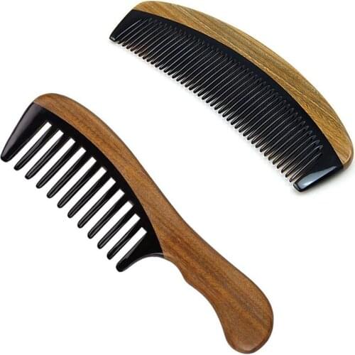 2 Pcs Natural Green Sandalwood Horn Comb Sandalwood Straight Hair Comb Hairdressing Tools Horns and Wooden Comb