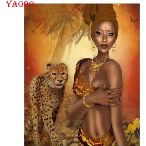African wall art 5D Diamond Embroidery woman Leopard Full Square Diamond Painting Cross Stitch Picture of Rhinestone Mosaic Kit