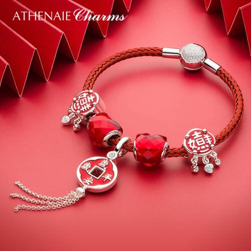 ATHENAIE 925 Sterling Silver Red Enamel CZ Chinese Peaceful Always Tassel Dangle Charms Bracelet