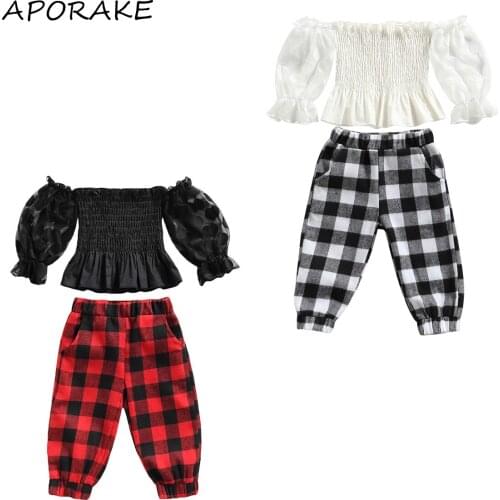2021 0-5Y Fashion Kids Baby Girl Clothes Set Dot Mesh Puff Half Sleeve Off Shoulder Blouse+Plaid Print Long Pants Summer 2pcs