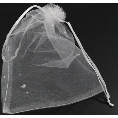 DoreenBeads Silk Drawable Wedding Gift Bags&Pouches White Dot 20x14.5cm,100PCs