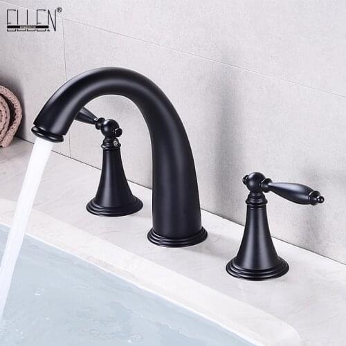 ELLEN Black Widespread Bath Sink Faucet Double Handle Basin Sink Faucet Hot Cold Water Mixer 3 Hole Bathroom Faucet ELF8001B