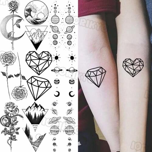 Geometric Diamond Small Temporary Tattoos For Women Girls Realistic Snake Rose Flower Planet Fake Tattoo Sticker Arm Tatoos Body