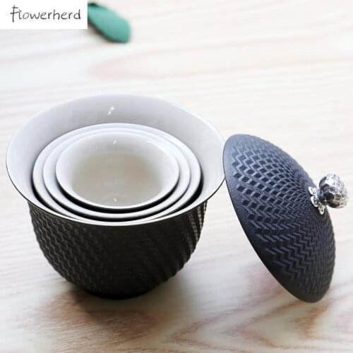 Ceramic Gaiwan with 3 Tea Cups Gift Bag Teaware Portable Black Pottery Travel Kung Fu Tea Set Office Tea Cup Sets