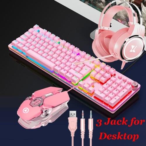 3 in 1 Combos Keyboard Mouse Earphones Combos Blue Shaft Mechanical Keyboard with RB Backlit 3200DPI RGB Mouse Earphones Microph