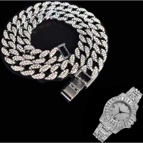 2pcs Kit Hip Hop 15MM Iced Out Paved Rhinestones Miami Cuban CZ Necklace+Watch+Bracelet Rapper Necklaces For Man Women Jewelry