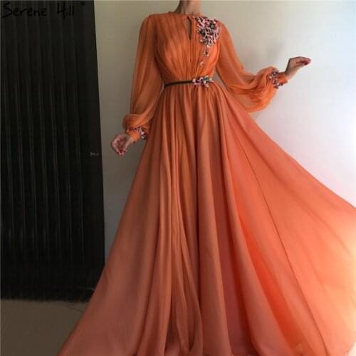 Latest Peach Lantern Long Sleeves Evening Dresses Design 2021 Flowers Diamond A-Line Formal Dress Serene Hill LA70022
