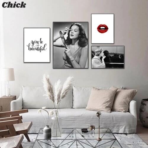 Fashion Lady Wall Art Canvas Painting Vogue Sexy Red Lips Makeup Poster Black White Art Print Picture for Living Room Home Decor