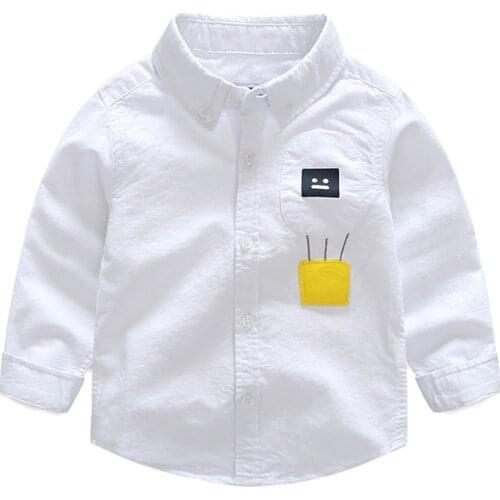 Boys 2-8Y Long Sleeve Button-Down Collar Solid Color Brife Style Cotton Shirts Spring Autumn Shirts with Pockets