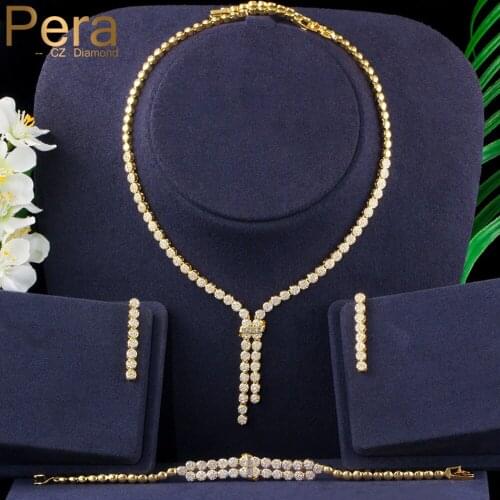 Pera 3Pcs Cubic Zirconia Indian Gold Long Round Necklace Earrings Bracelet Sets for Brides Wedding Jewelry Accessories J324