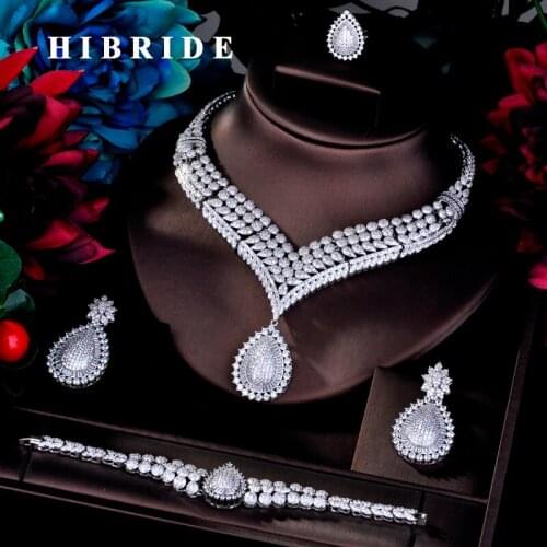 HIBRIDE Luxury Earring Bracelet Ring Necklace CZ Pave Big Full Jewelry Sets For Women Bridal Wedding Accessories Jewelry N-761