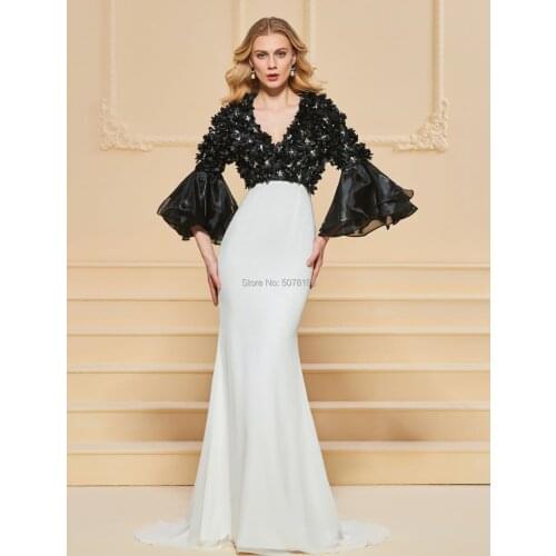 V-neck three-quarter mermaid/trumpet floor-length chiffon evenig dresses/gowns zipper&flowers free shipping