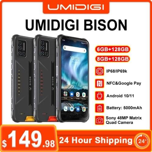 UMIDIGI BISON 6GB/8GB+128GB NFC IP68/IP69K Waterproof Rugged Phone 48MP Quad Camera 6.3" FHD+ Display Android 10 Smartphone