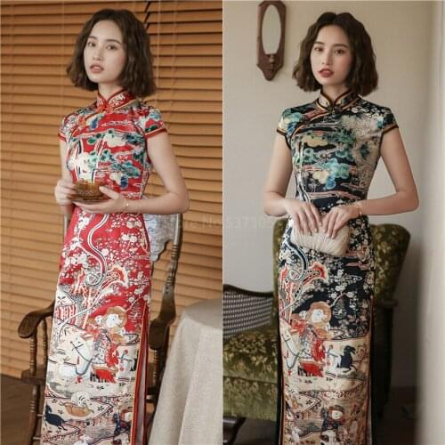 Traditional Cheongsam Chinese Satin Dress Elegant Slim Plus Size Qipao Long Vintage Vestidos High Split Dress Sexy Bodycon Women