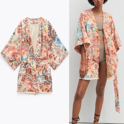 Za 2021 Floral Print Summer Kimono Blouse Women Long Sleeve Partchwork Linen Blouses Chic Frayed Hem Female Vintage Belted Tops