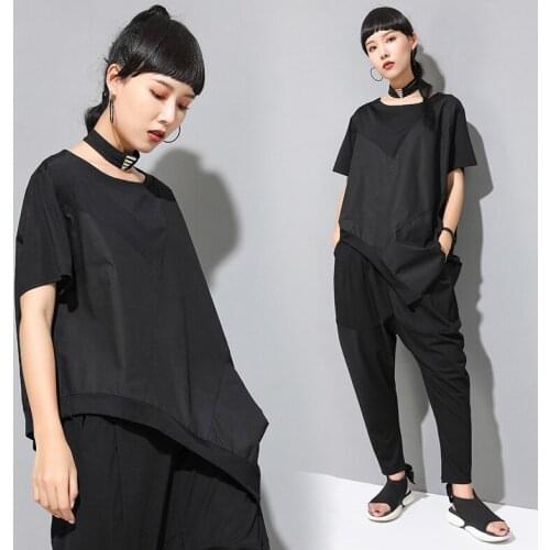 Lady summer new street asymmetrical fashion womens clothing personality splicing loose large size short sleeve T shirt