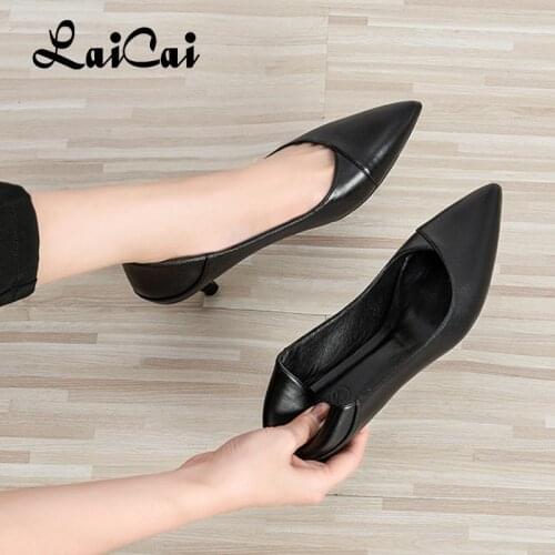 2021 Spring New Fashion Leather High Heels Womens Workplace Office Comfortable Sheepskin Work Shoes Soft Bottom Pumps Women