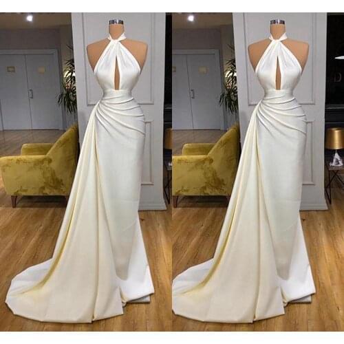 Simple Ivory Backless Long Prom Dress Halter Mermaid African Women White Satin Formal Party Evening Gowns Vestido Sirena Largo