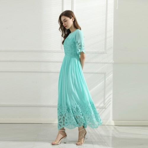 Spring Summer Women 2021 Runway Fashion Flower Embroidery Elegant Hollow Out Ladies Long Dress