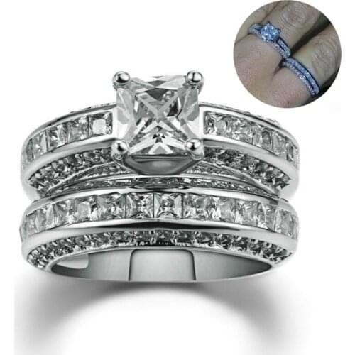2Pcs/set Luxury Female White Bridal Wedding Ring Set Fashion Silver Color Jewelry Engagement Rings For Women
