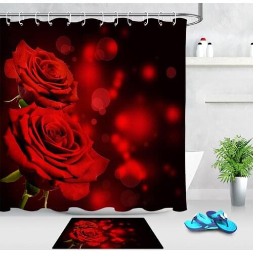 2Pcs Valentines Day Shower Curtains Set Heart Shaped Rose Red Bokeh Waterproof Polyester Fabric Bathroom Curtain with Doormat
