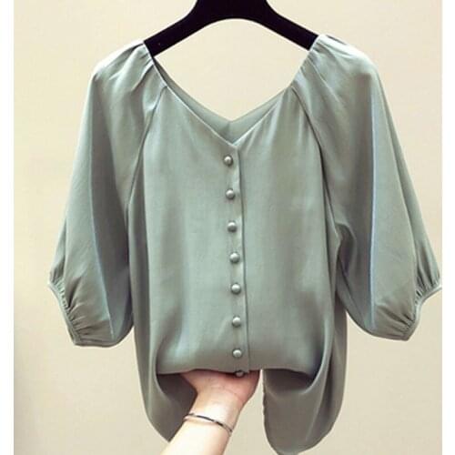 2019 Moda Manga Lanterna Blusas de Manga Curta Com Decote Em V Casual Chiffon Mulheres Tops Mulheres Elegantes Roupas