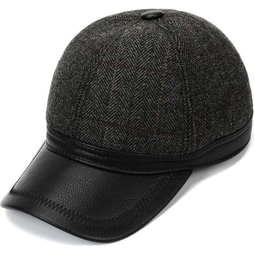Wholesale Middle Aged Mens Genuine Leather Baseball Cap Brand Winter Russian Dad Warm Caps Men Ear Protection Hat Gorras