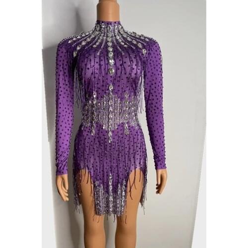 Sparkly Purple Rhinestone Spandex Short Dress Evening Birthday Celebrate Costume Women Dancer Prom Show Dress