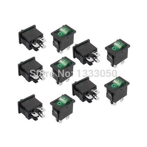 Hot selling 10 x AC 6A/250V 10A/125V 4 Terminal DPST Green Lamp O/F On-Off Rocker Switch KCD1-104N