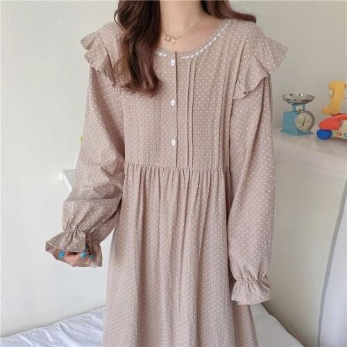 INS Sweet Cotton Nightdress Polka Dot Outside Wear Nightgown Women Autumn Long-Sleeved Dress Loose Lady Nightshirt Home Clothes