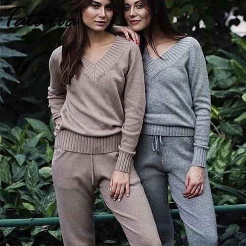 Tataria Women Sweater Suits and Set Autumn Winter Knitted Tracksuit Women 2 Piece Sweater Suit Pants Clothing Sets Sporting Suit