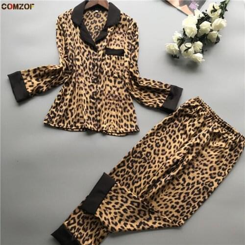 Leopard long sleeve shirt+pants women sleepwear 2 piece set autumn pijamas sexy nightwear clothing womens homewear suits